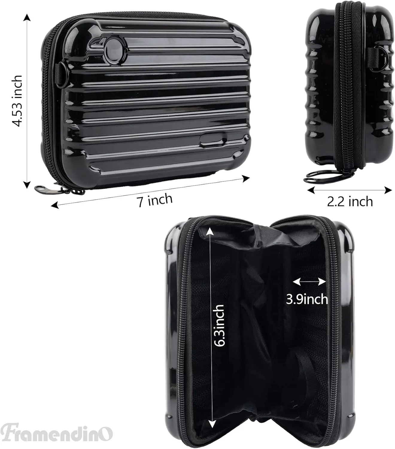 Framendino, Black Hard Shell Cosmetics Case Carrying Bag for Toiletry, Mini Cross Body Suitcase with Detachable Grip Rope and Shoulder Strap Women Travel