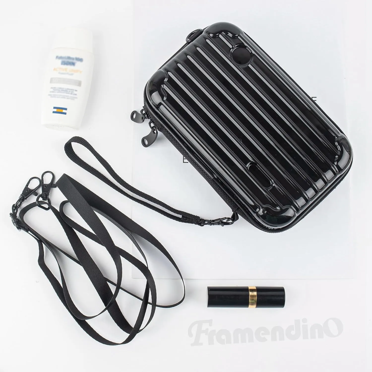 Framendino, Black Hard Shell Cosmetics Case Carrying Bag for Toiletry, Mini Cross Body Suitcase with Detachable Grip Rope and Shoulder Strap Women Travel