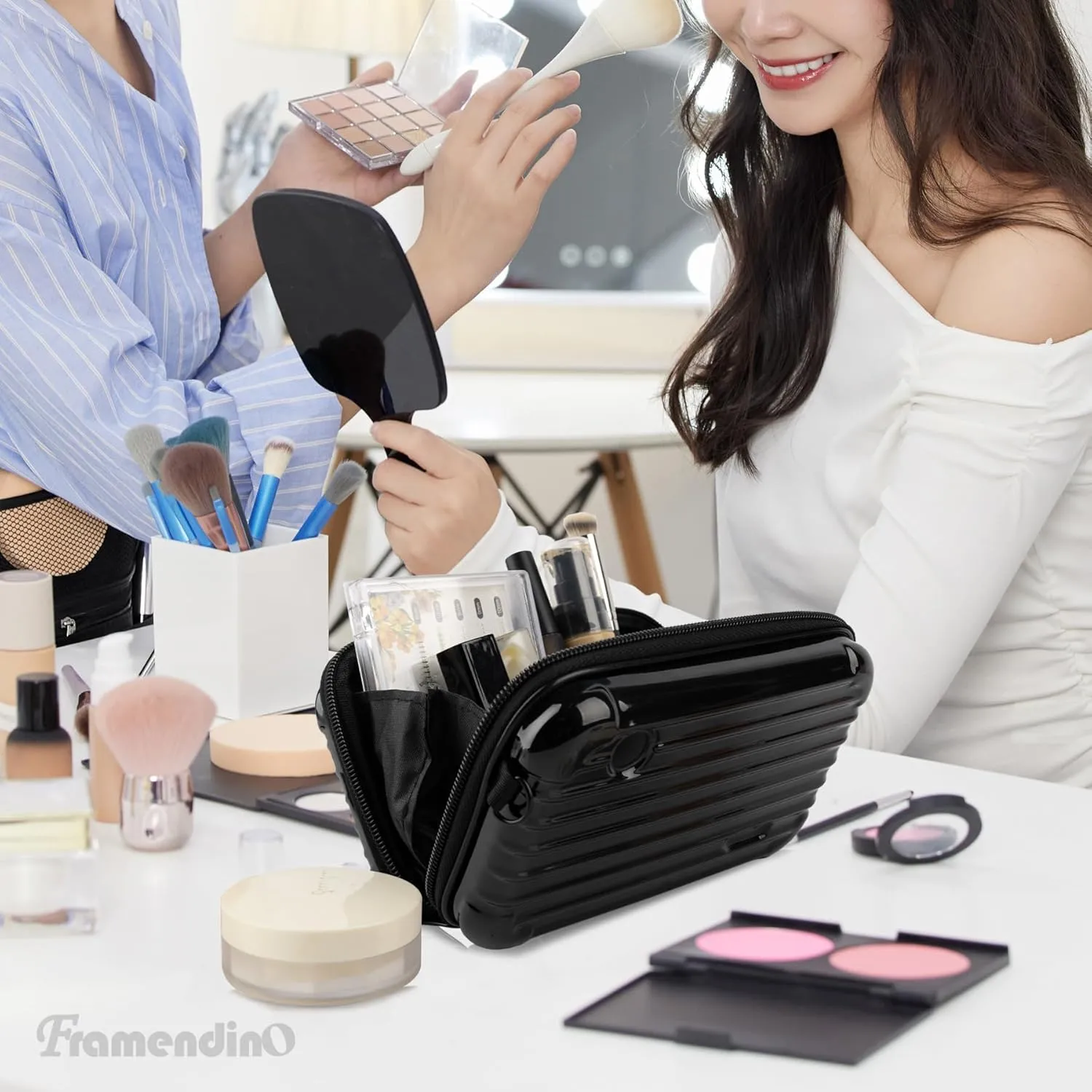 Framendino, Black Hard Shell Cosmetics Case Carrying Bag for Toiletry, Mini Cross Body Suitcase with Detachable Grip Rope and Shoulder Strap Women Travel