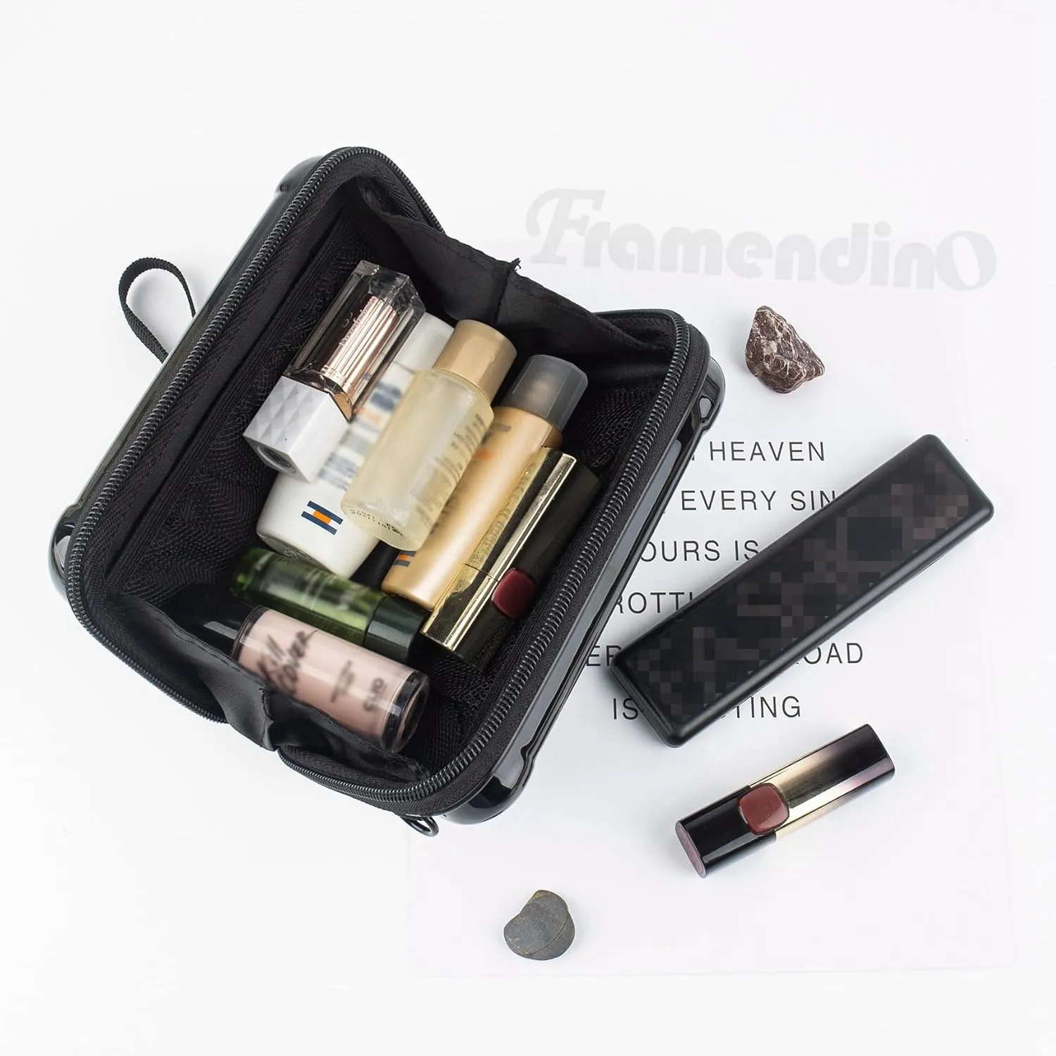 Framendino, Black Hard Shell Cosmetics Case Carrying Bag for Toiletry, Mini Cross Body Suitcase with Detachable Grip Rope and Shoulder Strap Women Travel
