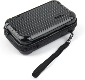 Framendino, Black Hard Shell Cosmetics Case Carrying Bag for Toiletry, Mini Cross Body Suitcase with Detachable Grip Rope and Shoulder Strap Women Travel