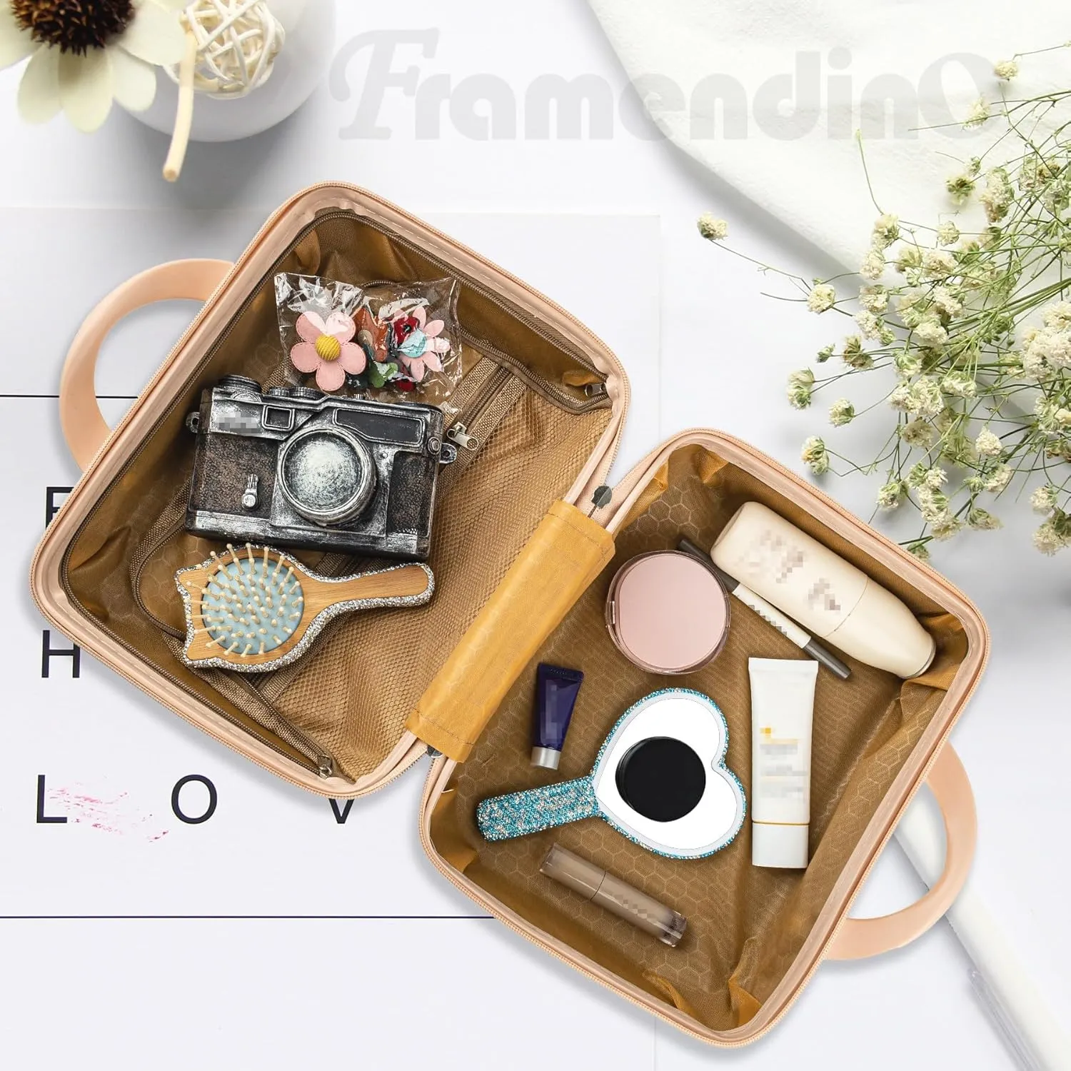 Framendino, Portable Hard Shell Cosmetic Suitcase Makeup Travel Case Pink