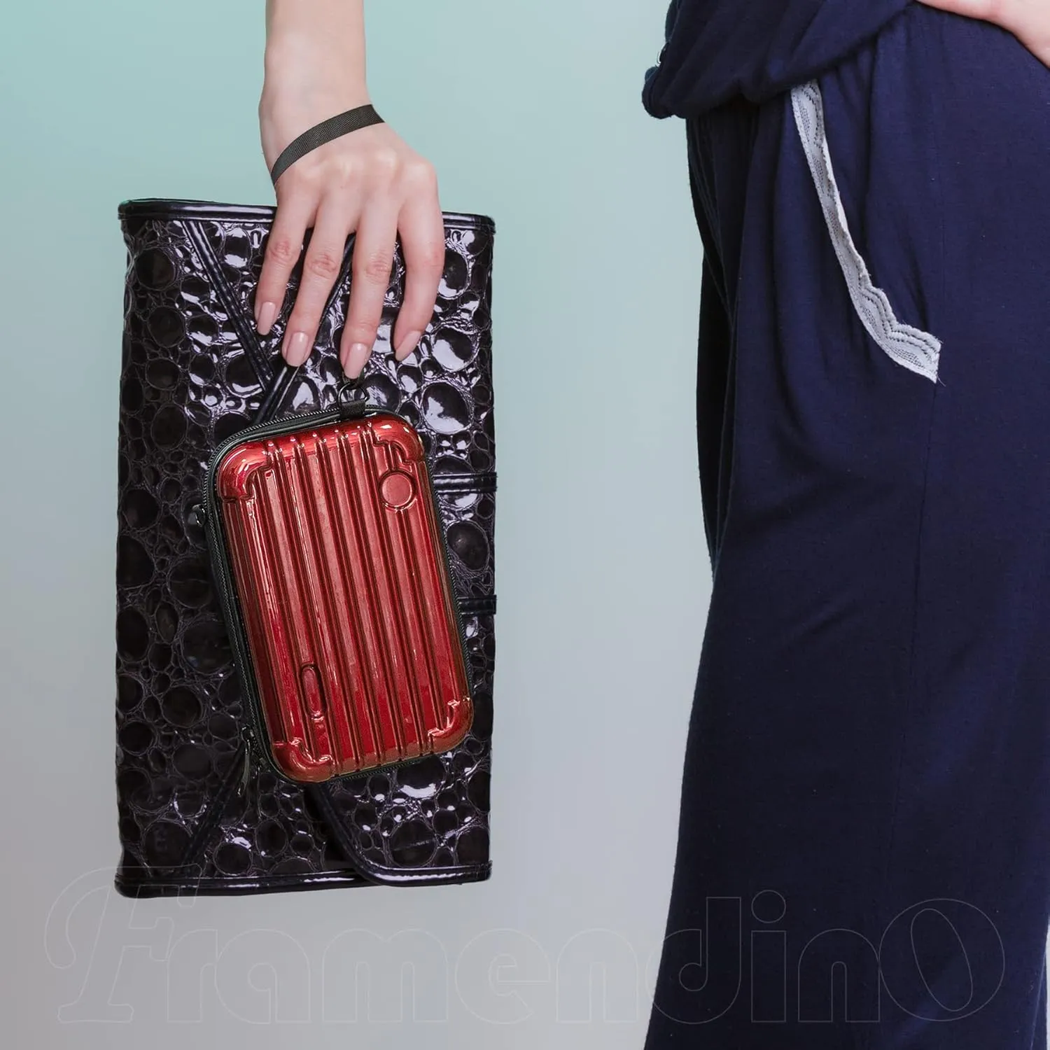 Framendino, Red Hard Shell Cosmetics Case Mini Cross Body Bag Mini Hard Shell Suitcase with Detachable Grip Rope and Shoulder Strap