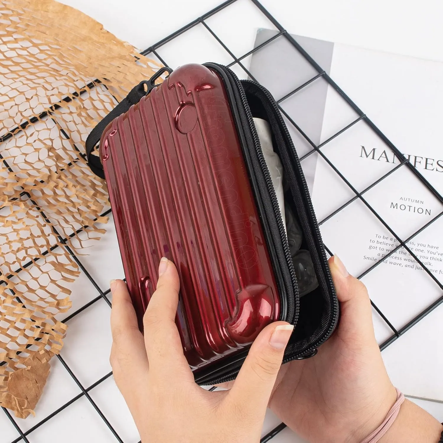 Framendino, Red Hard Shell Cosmetics Case Mini Cross Body Bag Mini Hard Shell Suitcase with Detachable Grip Rope and Shoulder Strap