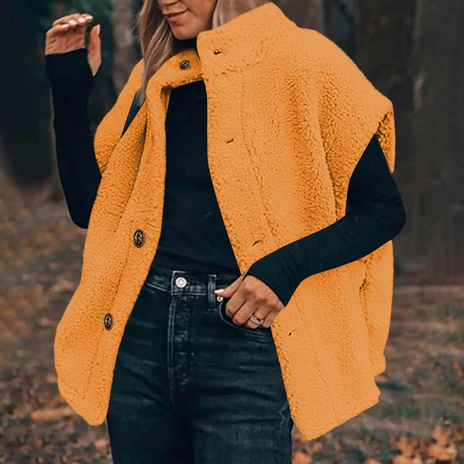 Fuzzy Fleece Vest for Women Casual Plus Size Button Down Sleeveless Jackets Loose Winter Warm Sherpa Vests Coat with Pockets
