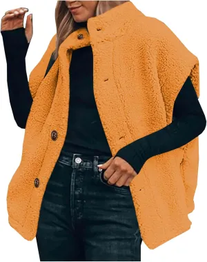 Fuzzy Fleece Vest for Women Casual Plus Size Button Down Sleeveless Jackets Loose Winter Warm Sherpa Vests Coat with Pockets