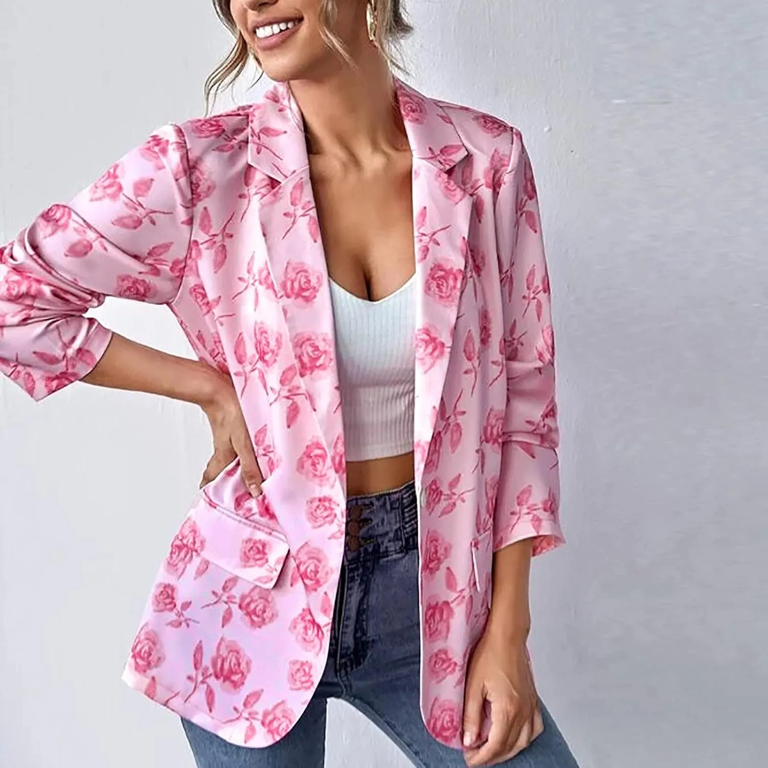 Graphic Blazers for Women Open Front Long Sleeve Cardigans Colorful Newspaper Print Jackets Trendy Casual Coat