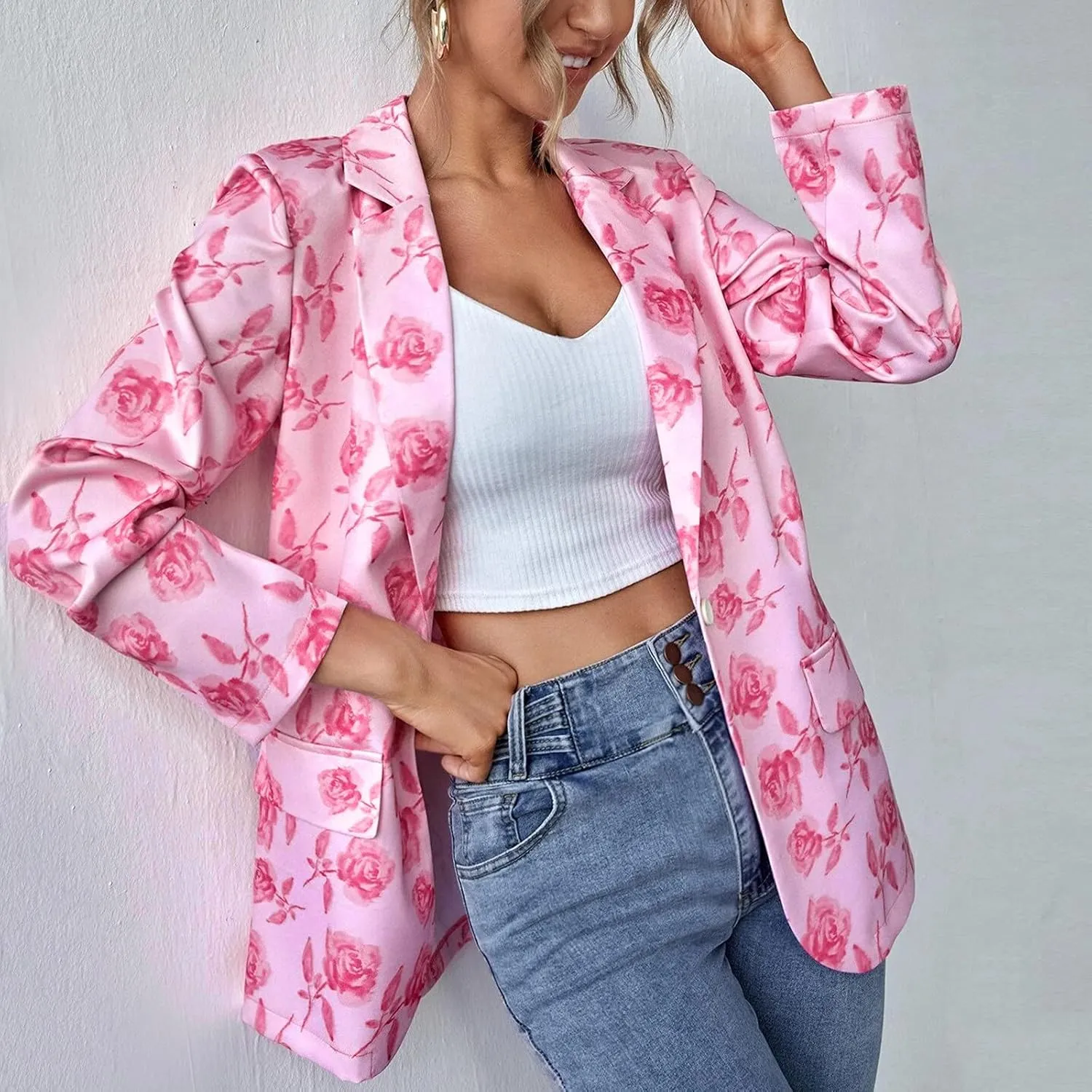 Graphic Blazers for Women Open Front Long Sleeve Cardigans Colorful Newspaper Print Jackets Trendy Casual Coat