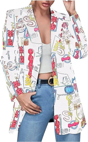 Graphic Blazers for Women Open Front Long Sleeve Cardigans Colorful Newspaper Print Jackets Trendy Casual Coat