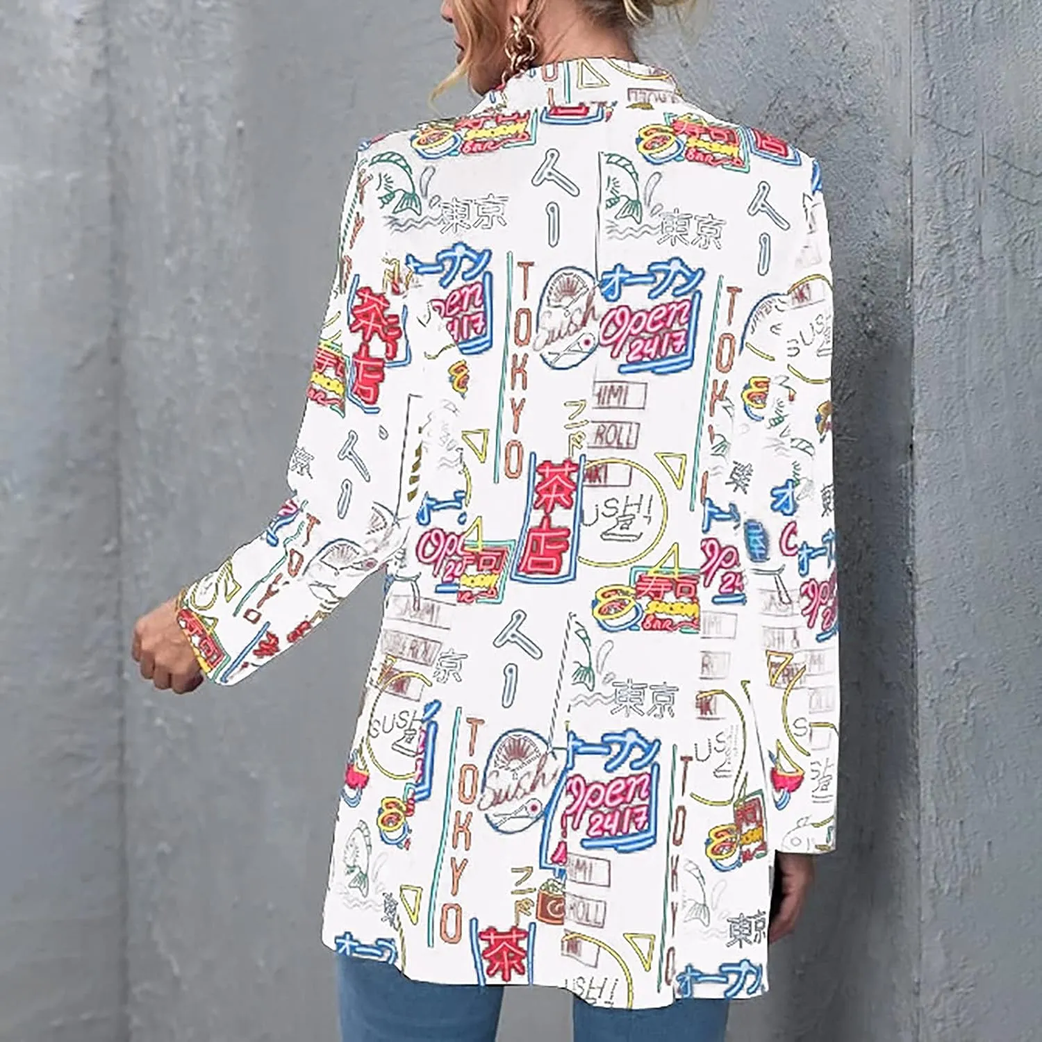 Graphic Blazers for Women Open Front Long Sleeve Cardigans Colorful Newspaper Print Jackets Trendy Casual Coat