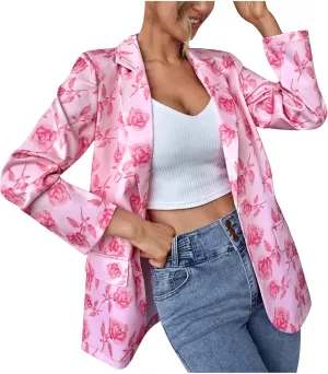 Graphic Blazers for Women Open Front Long Sleeve Cardigans Colorful Newspaper Print Jackets Trendy Casual Coat