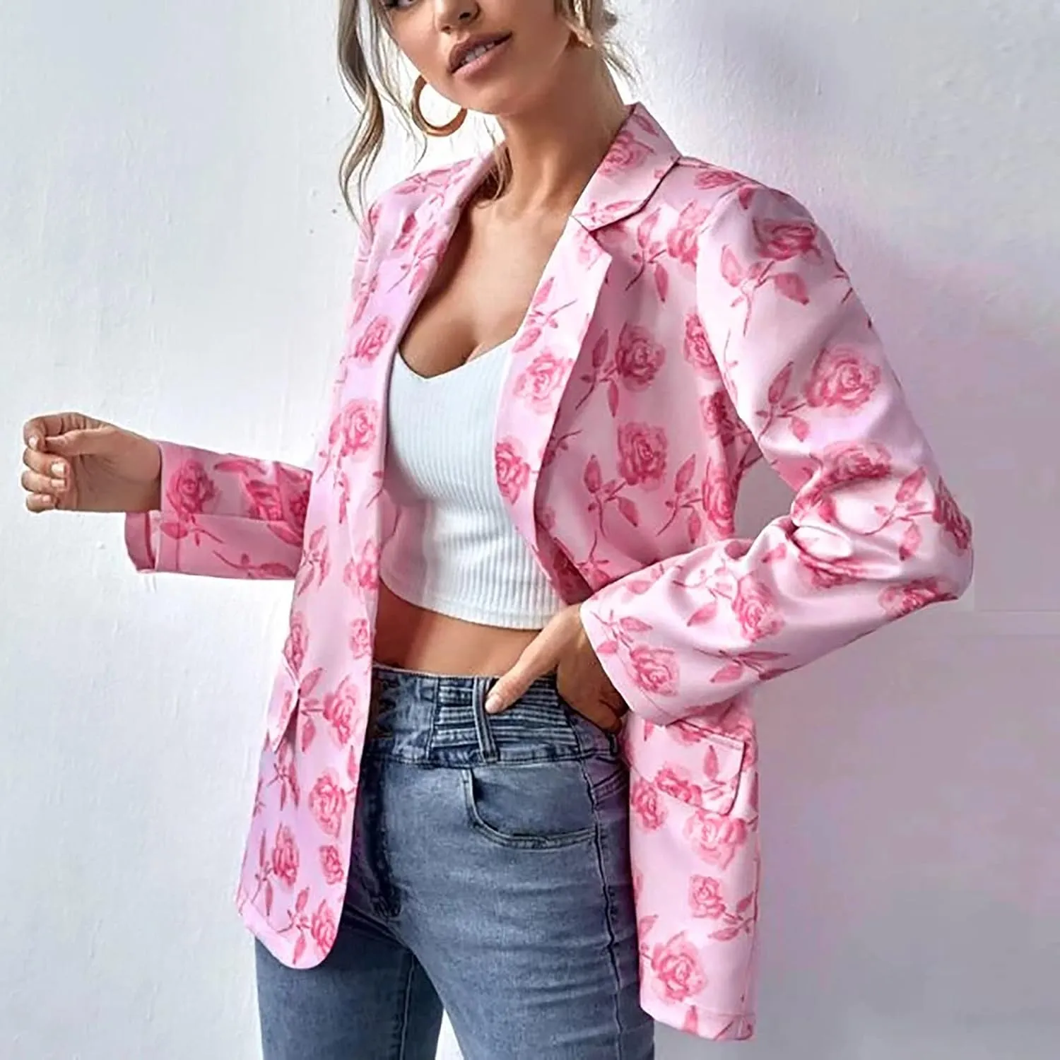 Graphic Blazers for Women Open Front Long Sleeve Cardigans Colorful Newspaper Print Jackets Trendy Casual Coat