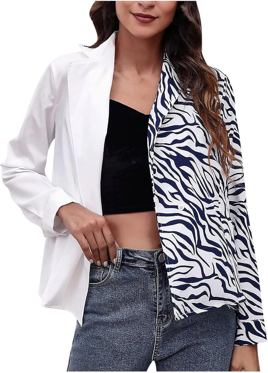 Graphic Blazers for Women Open Front Long Sleeve Cardigans Colorful Newspaper Print Jackets Trendy Casual Coat