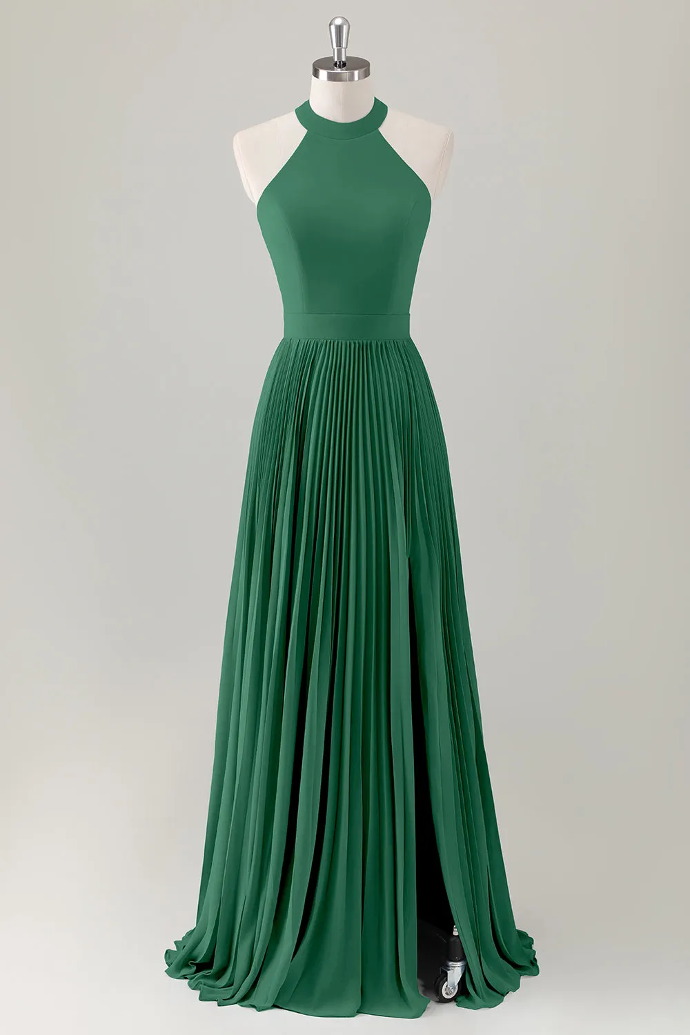 Grey Blue A Line Halter Pleated Maxi Dress with Slit