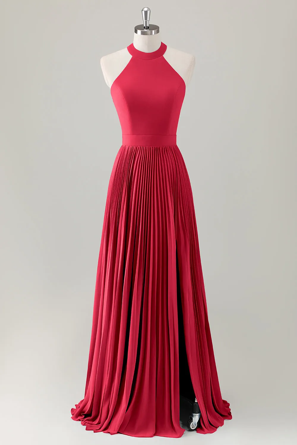 Grey Blue A Line Halter Pleated Maxi Dress with Slit