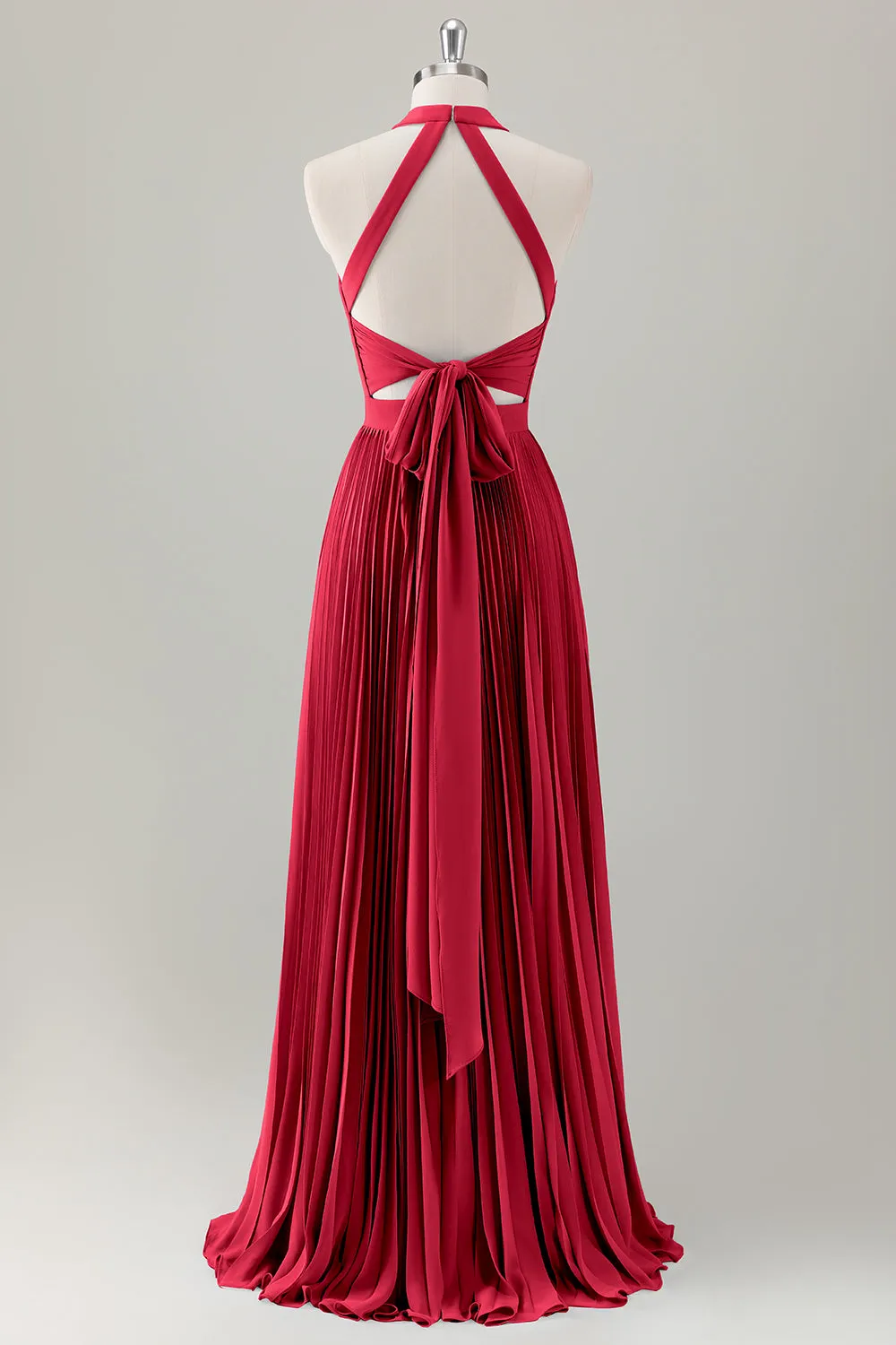 Grey Blue A Line Halter Pleated Maxi Dress with Slit