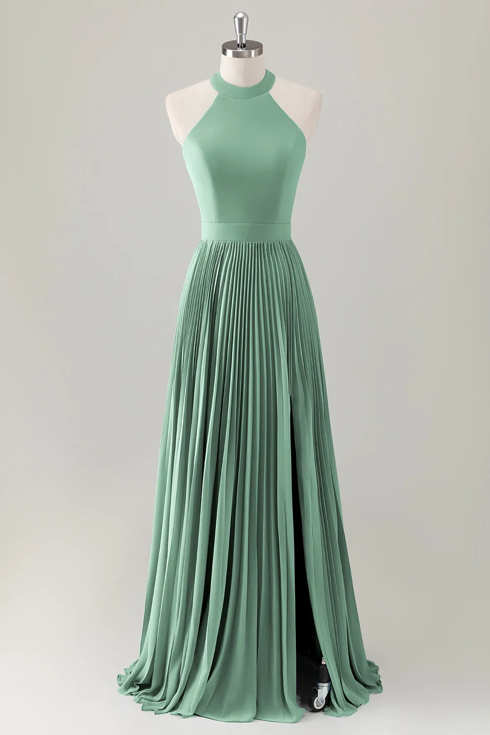 Grey Blue A Line Halter Pleated Maxi Dress with Slit