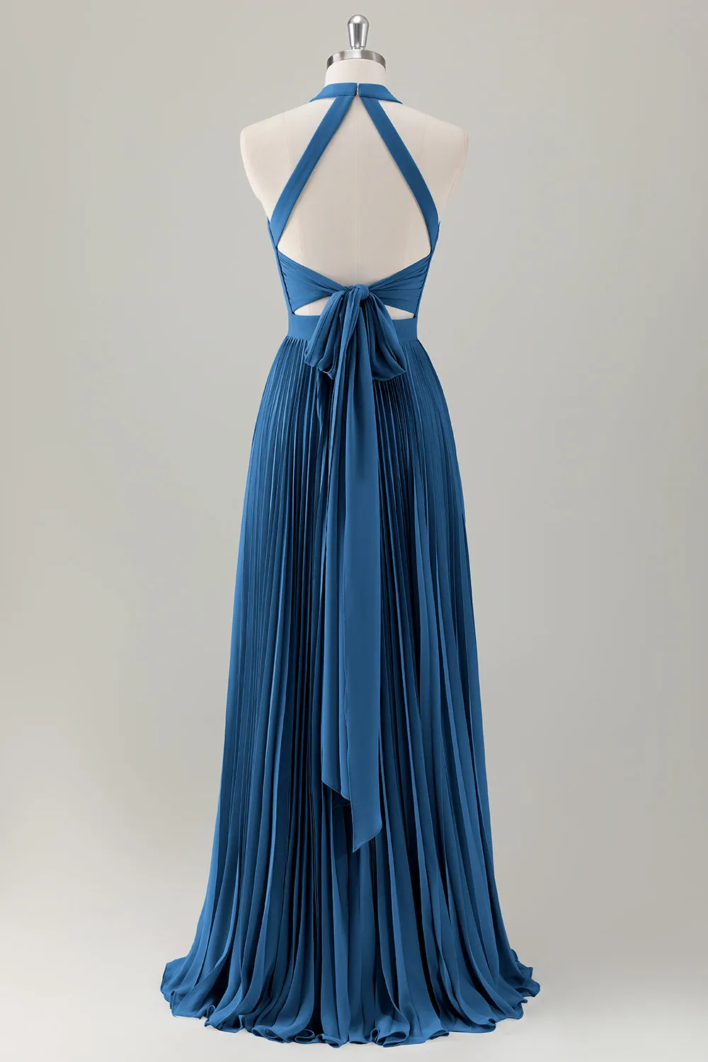 Grey Blue A Line Halter Pleated Maxi Dress with Slit