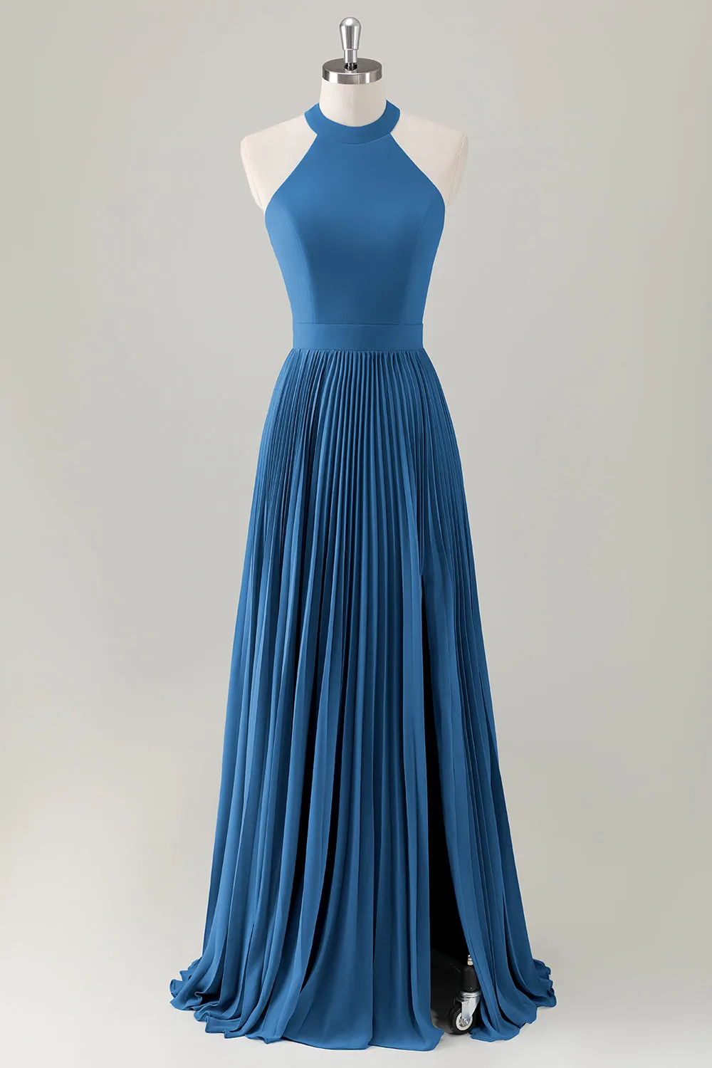 Grey Blue A Line Halter Pleated Maxi Dress with Slit