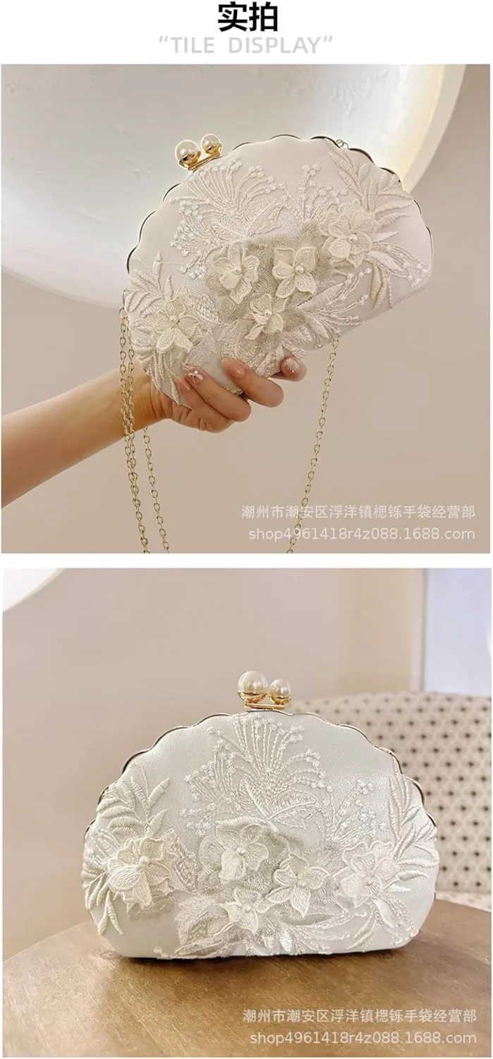 Hanfu Cheongsam Embroidered Evening Bag, One Shoulder Crossbody Antique Clutch Bag, Shoulder Bag-Creamy-White||18 inch