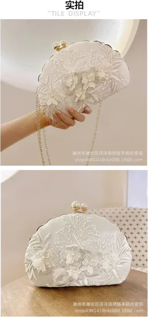 Hanfu Cheongsam Embroidered Evening Bag, One Shoulder Crossbody Antique Clutch Bag, Shoulder Bag-Creamy-White||18 inch