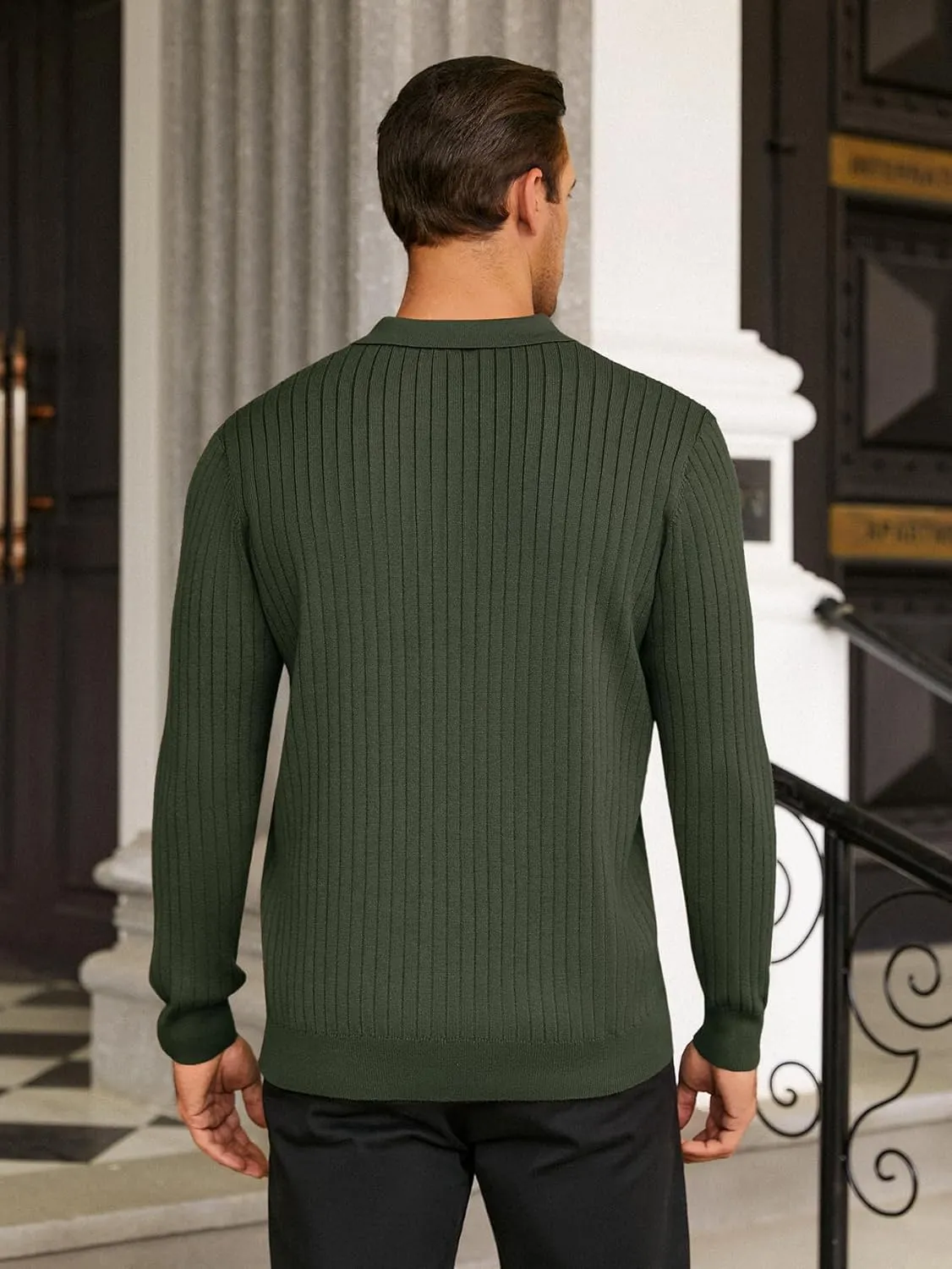 Hardaddy Men's Ribbed Knit Sweater Casual Long Sleeve Polo Sweater Collared V Neck Polo Shirts Solid Pullover Tops