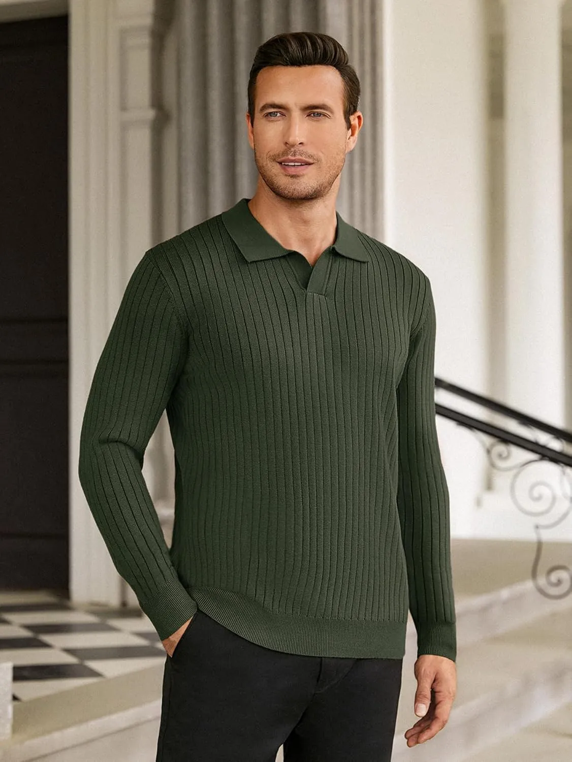 Hardaddy Men's Ribbed Knit Sweater Casual Long Sleeve Polo Sweater Collared V Neck Polo Shirts Solid Pullover Tops