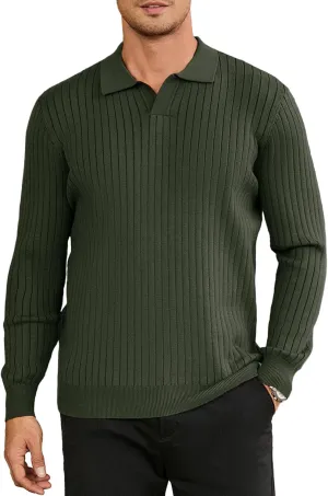 Hardaddy Men's Ribbed Knit Sweater Casual Long Sleeve Polo Sweater Collared V Neck Polo Shirts Solid Pullover Tops