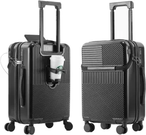 Hardside Carry On Luggage Airline Approved with Cup Holder,Lightweight PC Hard Shell Suitcases with Front Pocket, Spinner Wheels, TSA Lock (Black, 24inch)