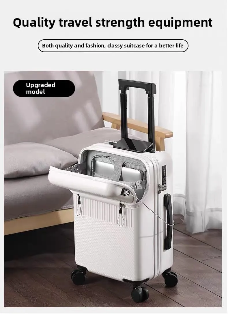Hardside Carry On Luggage Airline Approved with Cup Holder,Lightweight PC Hard Shell Suitcases with Front Pocket, Spinner Wheels, TSA Lock (White, 24inch)