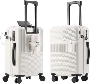Hardside Carry On Luggage Airline Approved with Cup Holder,Lightweight PC Hard Shell Suitcases with Front Pocket, Spinner Wheels, TSA Lock (White, 24inch)