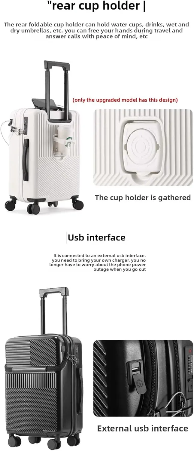Hardside Carry On Luggage Airline Approved with Cup Holder,Lightweight PC Hard Shell Suitcases with Front Pocket, Spinner Wheels, TSA Lock (White, 24inch)