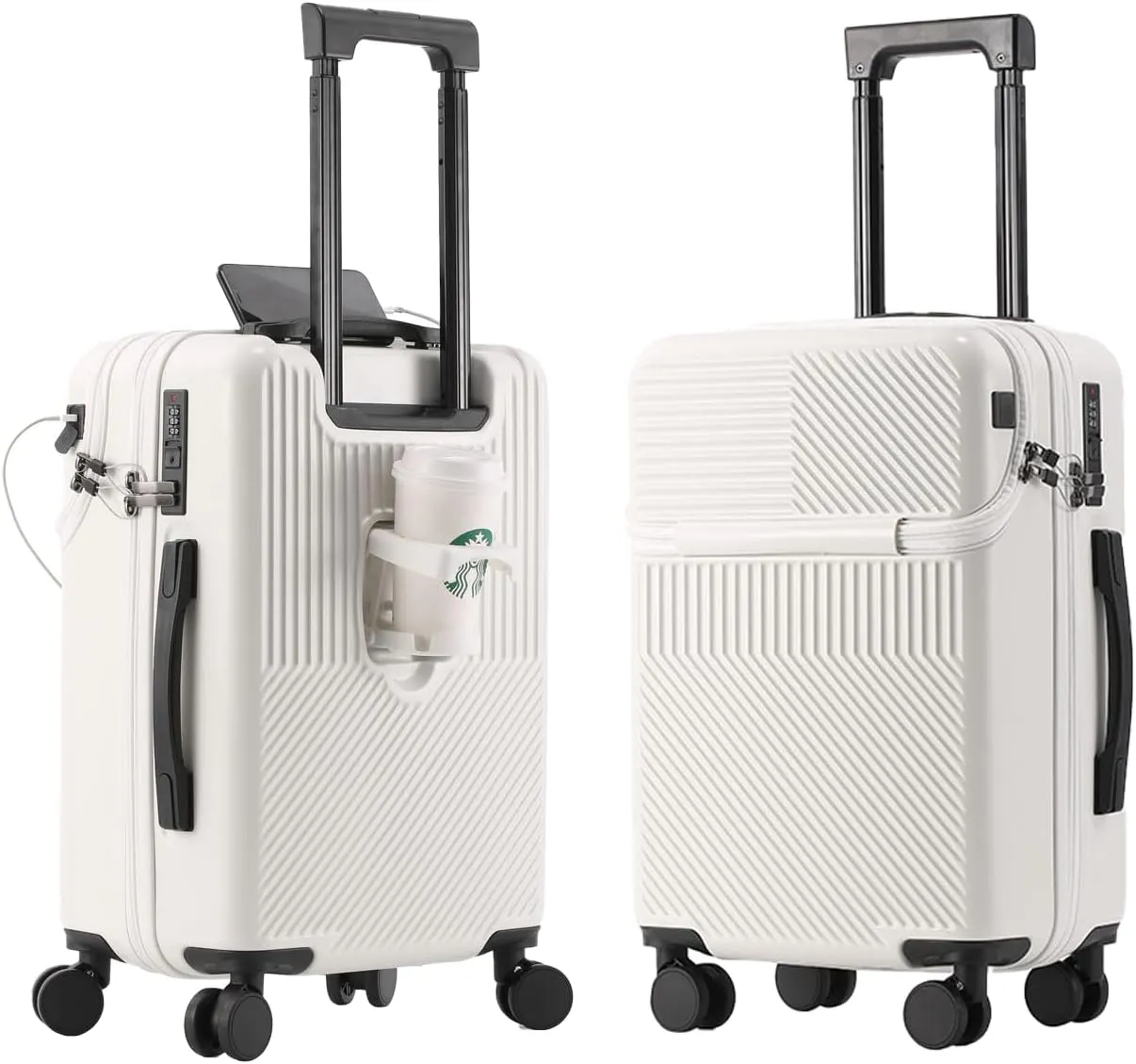 Hardside Carry On Luggage Airline Approved with Cup Holder,Lightweight PC Hard Shell Suitcases with Front Pocket, Spinner Wheels, TSA Lock (White, 24inch)