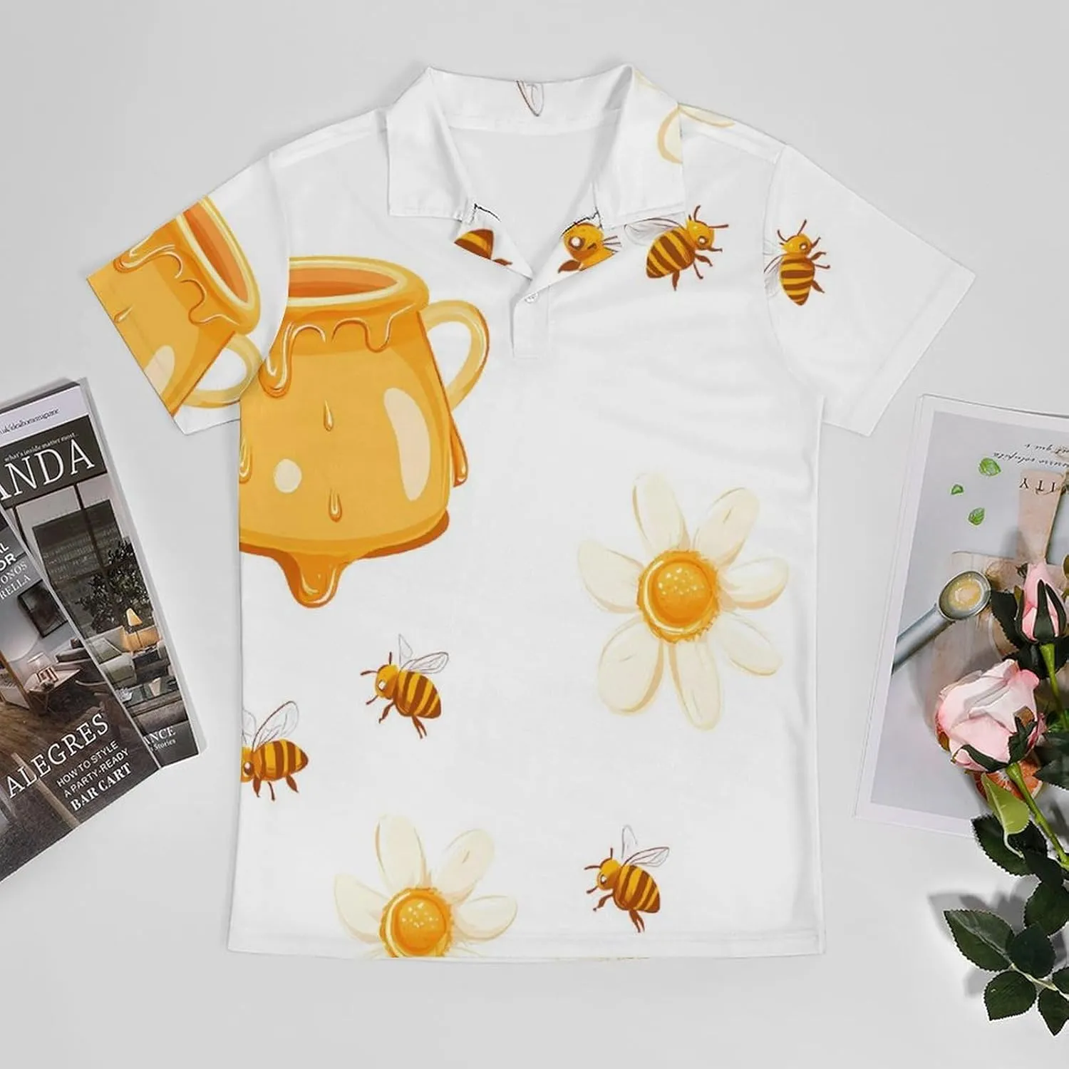 Honey Bees Daisy Flowers Men's Polo-Shirt Regular-Fit Short Sleeve Sports Quick Dry Golf Tennis T-Shirt