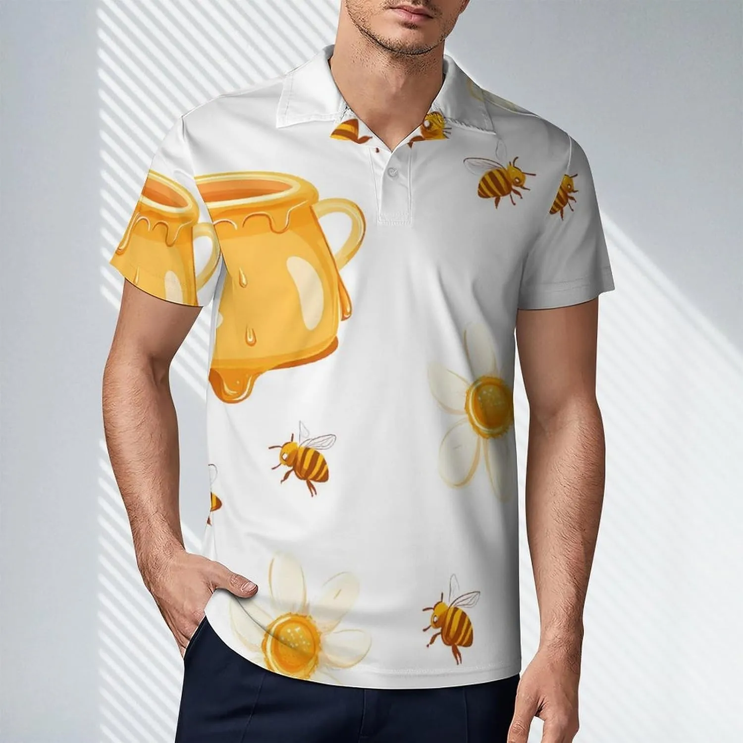 Honey Bees Daisy Flowers Men's Polo-Shirt Regular-Fit Short Sleeve Sports Quick Dry Golf Tennis T-Shirt