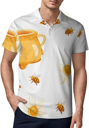 Honey Bees Daisy Flowers Men's Polo-Shirt Regular-Fit Short Sleeve Sports Quick Dry Golf Tennis T-Shirt