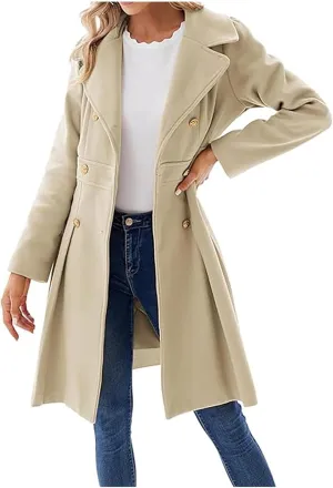 HXHYQKP Winter Coats for Women Breasted Trenchcoats Double Breasted Long Wool Pea Coat Notch Lapel Trench Coat
