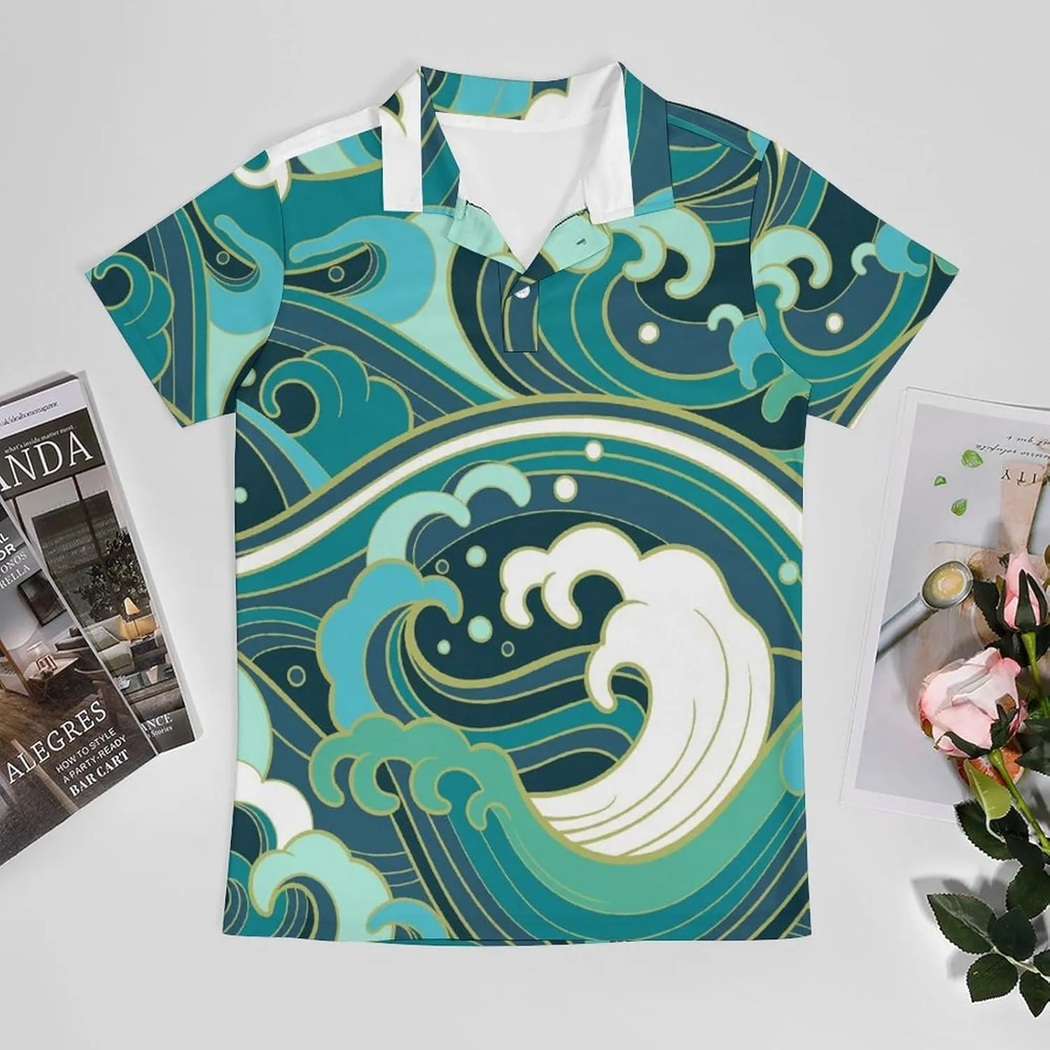 Japanese Cartoon Sea Waves Classic Polo Shirts for Men Quick Dry Short Sleeve Fit Golf Tees Casual Tops
