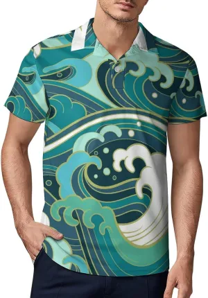 Japanese Cartoon Sea Waves Classic Polo Shirts for Men Quick Dry Short Sleeve Fit Golf Tees Casual Tops