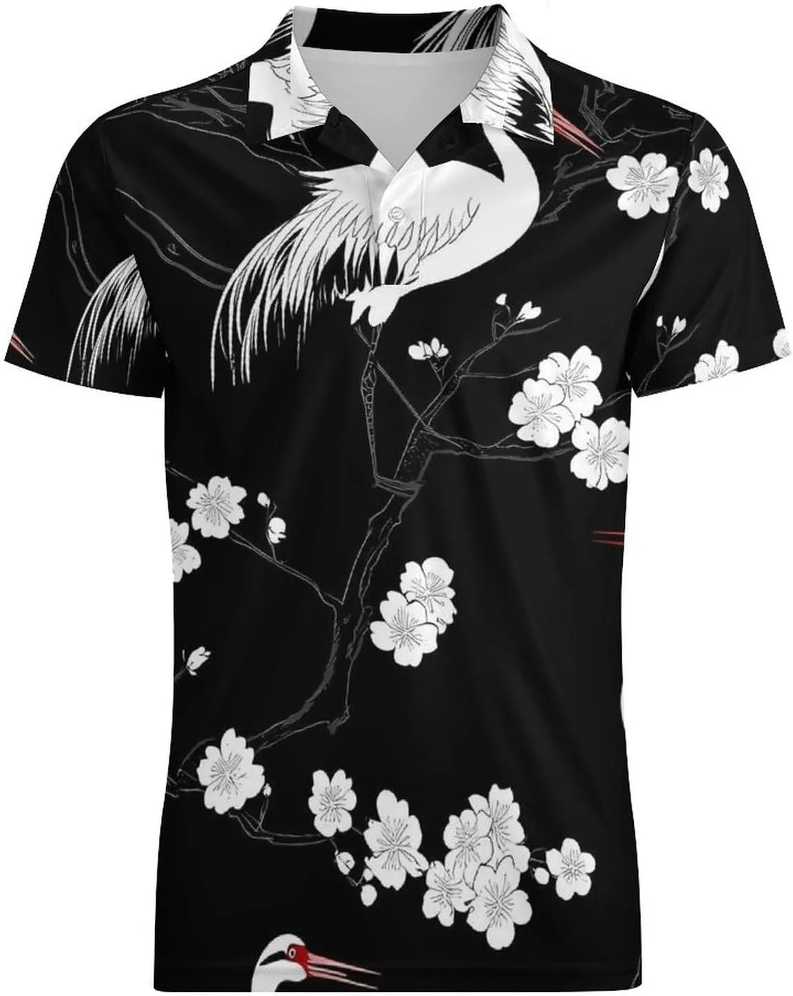 Japanese Crane White Birds Men's Polo-Shirt Regular-Fit Short Sleeve Sports Quick Dry Golf Tennis T-Shirt