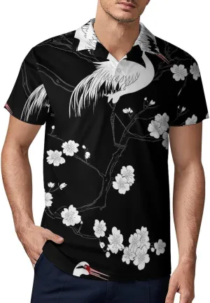 Japanese Crane White Birds Men's Polo-Shirt Regular-Fit Short Sleeve Sports Quick Dry Golf Tennis T-Shirt