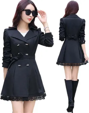 JYHBHMZG Spring Autumn Windbreaker Coat Women Slim Mid Length Lace Trench Coat Women's Casual Double-Breasted Outerwear