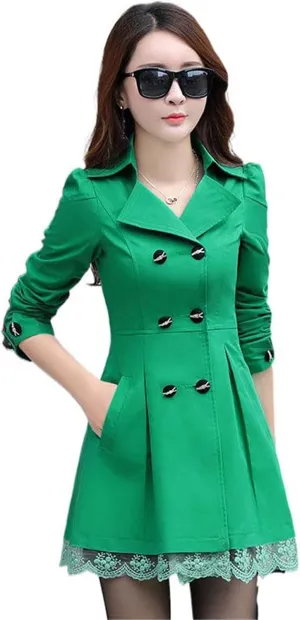 JYHBHMZG Spring Autumn Windbreaker Coat Women Slim Mid Length Lace Trench Coat Women's Casual Double-Breasted Outerwear