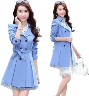 JYHBHMZG Spring Autumn Windbreaker Coat Women Slim Mid Length Lace Trench Coat Women's Casual Double-Breasted Outerwear