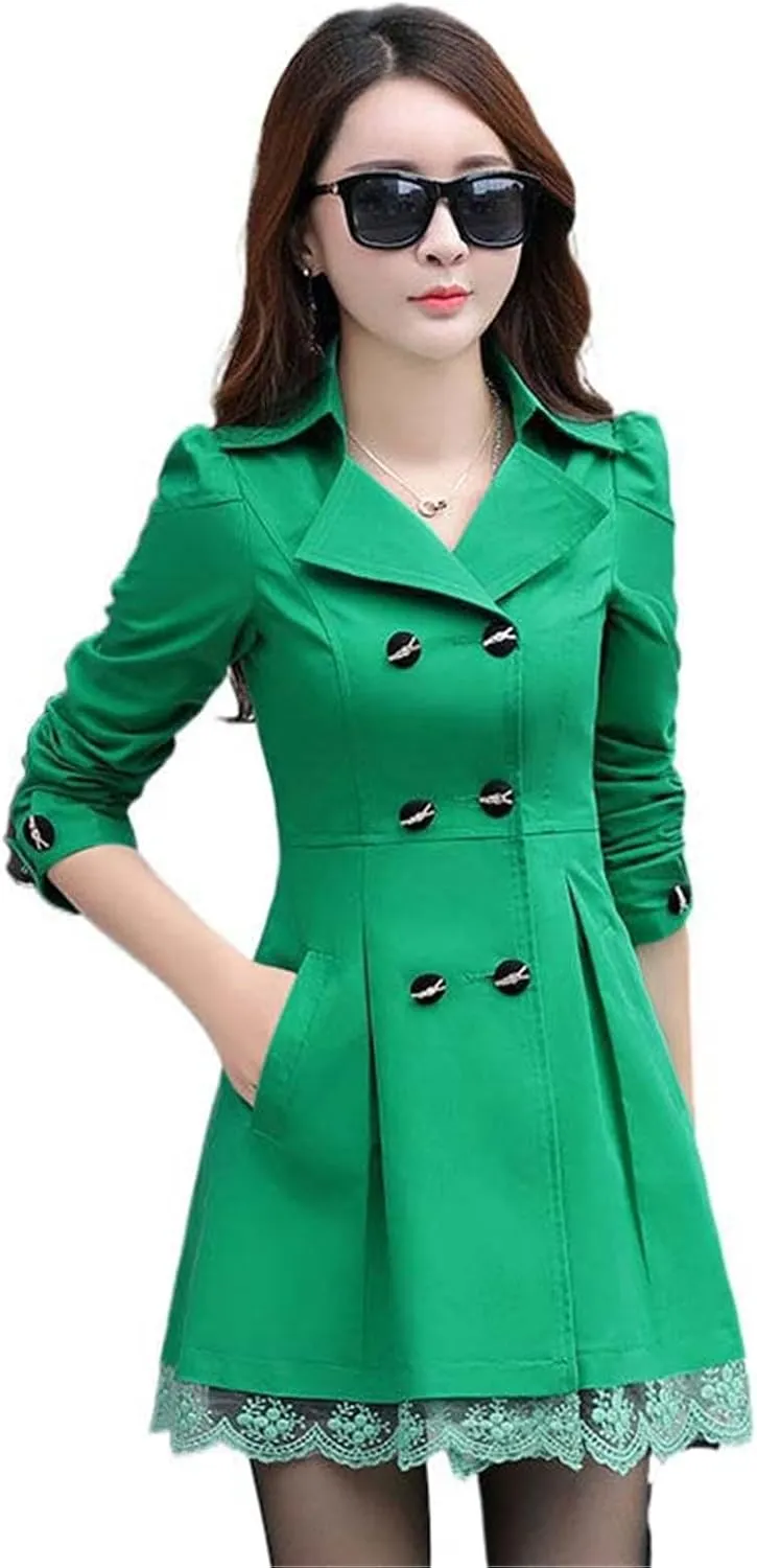 JYHBHMZG Spring Autumn Windbreaker Coat Women Slim Mid Length Lace Trench Coat Women's Casual Double-Breasted Outerwear