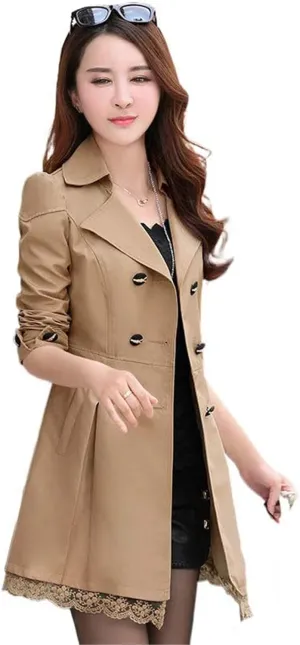 JYHBHMZG Spring Autumn Windbreaker Coat Women Slim Mid Length Lace Trench Coat Women's Casual Double-Breasted Outerwear