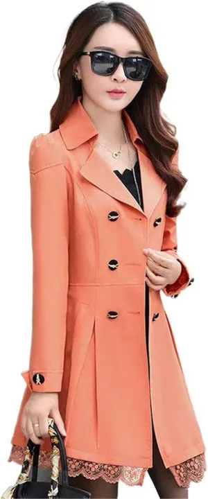 JYHBHMZG Spring Autumn Windbreaker Coat Women Slim Mid Length Lace Trench Coat Women's Casual Double-Breasted Outerwear