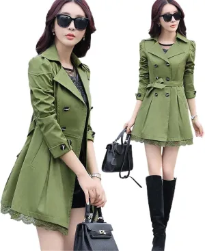 JYHBHMZG Spring Autumn Windbreaker Coat Women Slim Mid Length Lace Trench Coat Women's Casual Double-Breasted Outerwear