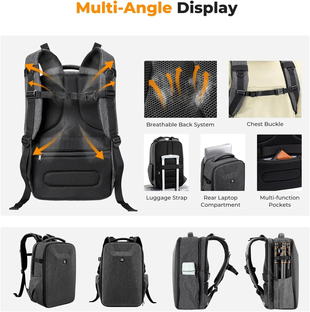 K&F Concept Camera Backpack,Hardshell Photography DSLR Camera Bag with 15-15.6 Inch Laptop Compartment Waterproof Hard Shell Camera Case Compatible for Canon/Nikon/Sony/DJI Mavic Drone