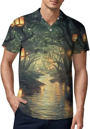 Lanterns Trees Spiritual River Men's Polo-Shirt Regular-Fit Short Sleeve Sports Quick Dry Golf Tennis T-Shirt